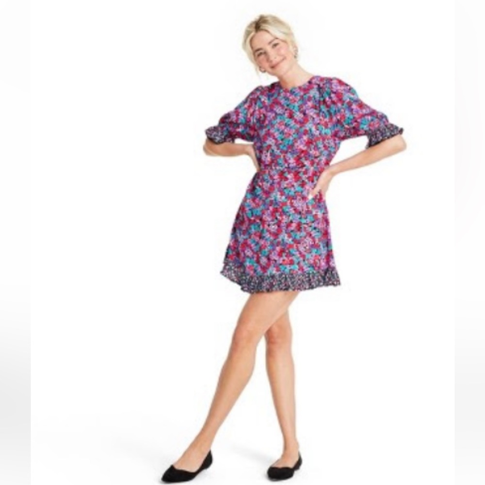 RIXO mixed floral puff sleeve dress